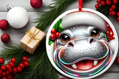Hippo Christmas Round Ornament Sublimation PNG Product Image 2