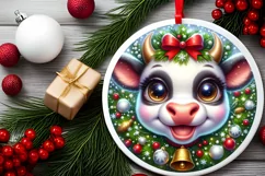 Cow Christmas Round Ornament Sublimation PNG Product Image 2