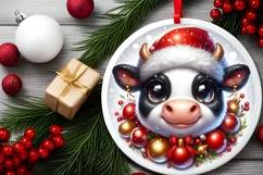 Cow Christmas Round Ornament Sublimation PNG Product Image 2