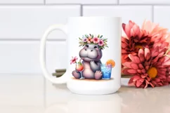 Watercolor Young Hippo with Flowers | Sublimation Clipart Product Image 2