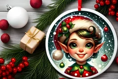 Shiny Christmas Elf Round Ornament Sublimation PNG Product Image 2
