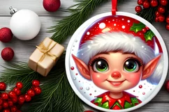 Shiny Christmas Elf Round Ornament Sublimation PNG Product Image 2