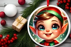 Shiny Christmas Elf Round Ornament Sublimation PNG Product Image 2