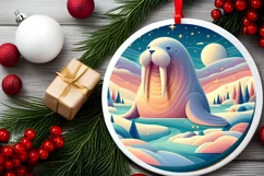 Colorful Winter Scene with Walrus Round Ornament Sublimation Product Image 2