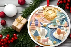 Colorful Winter Scene with Lion Round Ornament Sublimation Product Image 1