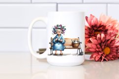 Old Lady Sitting on Bench with Tea Cup | Clipart Product Image 2
