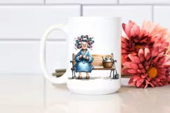 Old Lady Sitting on Bench with Tea Cup | Clipart Product Image 2