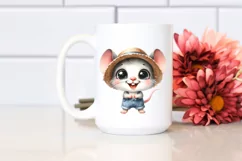 Baby Mouse with Big Eyes and Sun Hat Watercolor Clipart Product Image 2