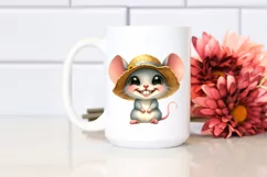 Baby Mouse with Big Eyes and Sun Hat Watercolor Clipart Product Image 2