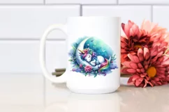 Colorful Watercolor of Unicorn Napping on a Moon Product Image 2