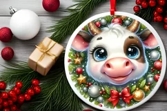 Cow Christmas Round Ornament Sublimation PNG Product Image 2