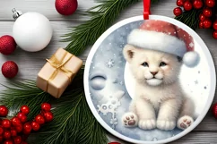 Baby Lion with Santa Hat on Moon Round Christmas Ornament Product Image 2