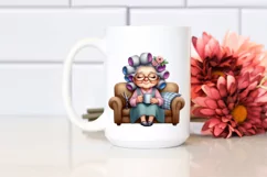 Watercolor Lady on Sofa with Hair Curlers | Clipart Product Image 2