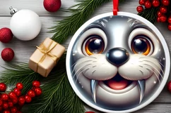 Shiny Christmas Walrus Round Ornament Sublimation PNG Product Image 2