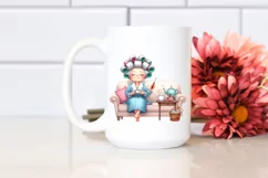 Watercolor Lady on Sofa with Hair Curlers | Clipart Product Image 2