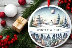 Winter Wishes Round Christmas Ornament Sublimation PNG Product Image 2