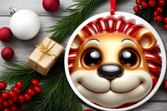 Shiny Christmas Lion Round Ornament Sublimation PNG Product Image 2