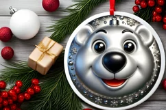 Shiny Christmas Polar Bear Round Ornament Sublimation PNG Product Image 2