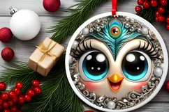 Shiny Christmas Peacock Round Ornament Sublimation PNG Product Image 2