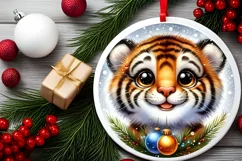 Shiny Christmas Tiger Round Ornament Sublimation PNG Product Image 2