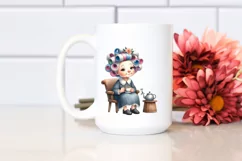 Watercolor Old Lady Chair Tea Cup Hair Curlers Clipart Product Image 2