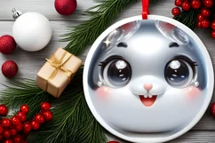 Shiny Christmas Bunny Round Ornament Sublimation PNG Product Image 2
