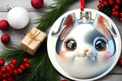 Shiny Christmas Bunny Round Ornament Sublimation PNG Product Image 2