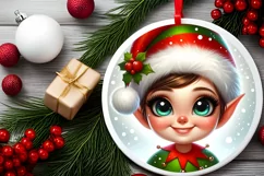 Shiny Christmas Elf Round Ornament Sublimation PNG Product Image 2
