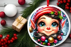 Shiny Christmas Elf Round Ornament Sublimation PNG Product Image 2