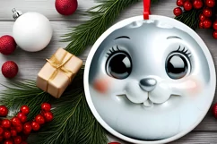 Shiny Christmas Bunny Round Ornament Sublimation PNG Product Image 2