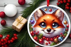 Shiny Christmas Fox Round Ornament Sublimation PNG Product Image 2