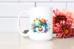 Cute Baby Turtle Smiling On Flowers Animal Clipart Product Image 2