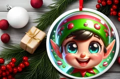 Christmas Elf Round Ornament Sublimation PNG Product Image 2