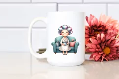 Watercolor Old Lady Sitting On Couch Tea Cup Hair Curlers Product Image 2