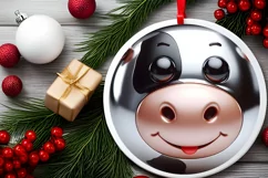 Cow with Metal Look Christmas Round Ornament Sublimation PNG Product Image 2