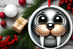 Christmas Walrus Round Ornament Sublimation PNG Product Image 2