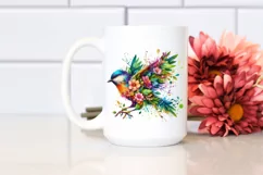 Vibrant Watercolor Bird with Plant Leaves and Flowers, PNG Product Image 2