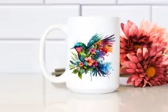 Vibrant Watercolor Bird with Plant Leaves and Flowers, PNG Product Image 2