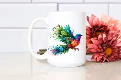Vibrant Watercolor Bird with Plant Leaves and Flowers, PNG Product Image 2