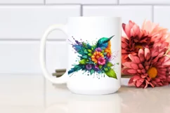 Vibrant Watercolor Bird with Plant Leaves and Flowers, PNG Product Image 2