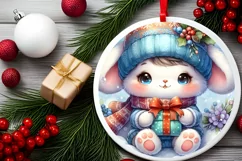 Winter Dressed Baby Bunny Round Ornament Sublimation PNG Product Image 2