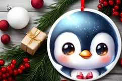 Baby Penguin with Gift Box Round Ornament Sublimation PNG Product Image 2