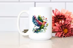 Vibrant Watercolor Bird with Plant Leaves and Flowers, PNG Product Image 2