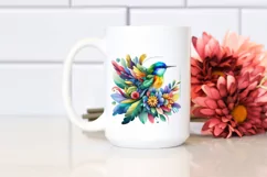 Vibrant Watercolor Bird with Plant Leaves and Flowers, PNG Product Image 2