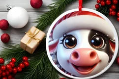 Christmas Cow Round Ornament Sublimation PNG Product Image 2