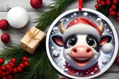 Christmas Cow Round Sticker Sublimation PNG Product Image 2