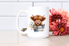 Cute Baby Highland Cow with Wooden Bucket PNG Product Image 2