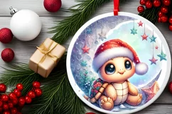 Baby Turtle in Santa Hat Christmas Ornament Sublimation PNG Product Image 2