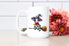 Colorful Wimsical Cow on Witch Broom Watercolor Product Image 2