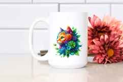 Abstract Vibrant Watercolor Kitten with Flowers and Leaves Product Image 2